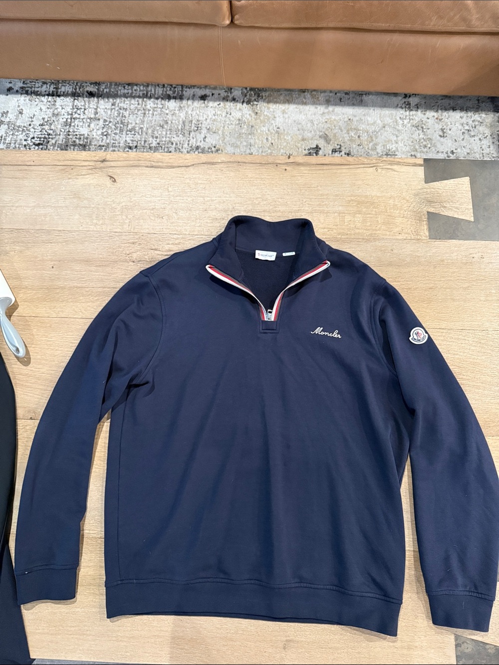 Moncler Men's Navy Quarter-Zip Pullover with Tricolor Zip
